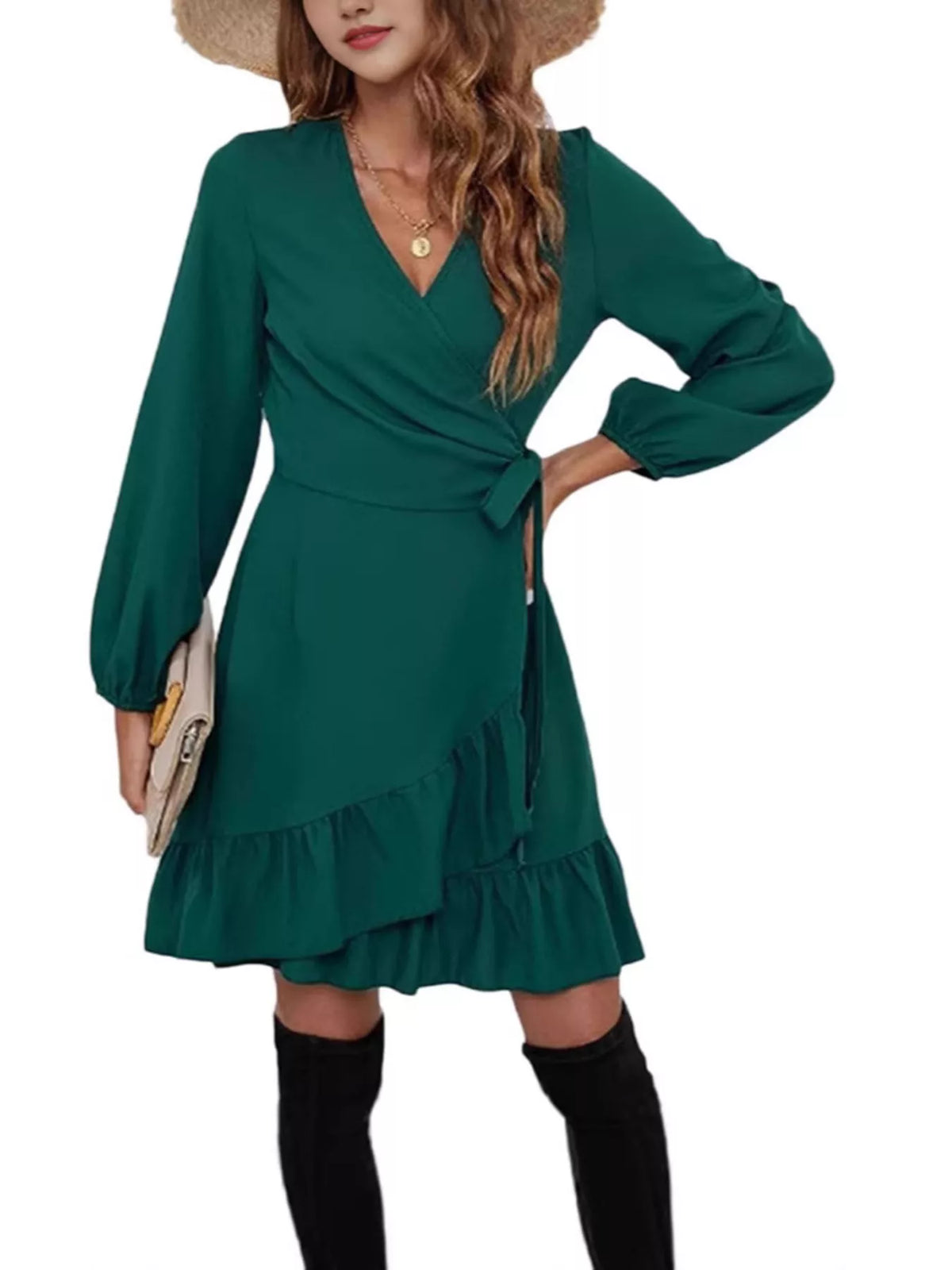 Hazel Blues® | Ruffle Hem Long Sleeve Wrap Dress