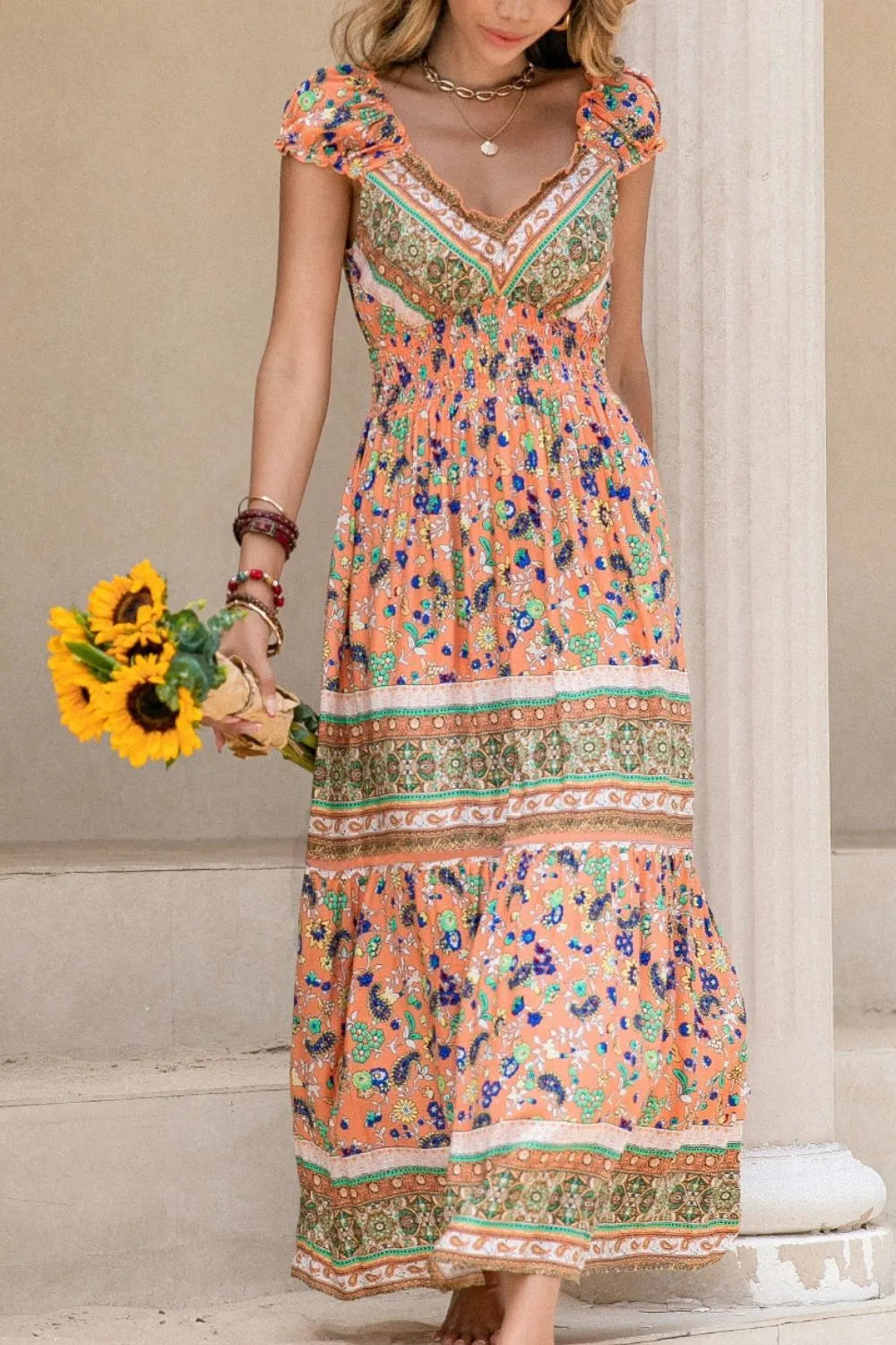 Hazel Blues® | Smocked Printed V-Neck Cap Sleeve Dress