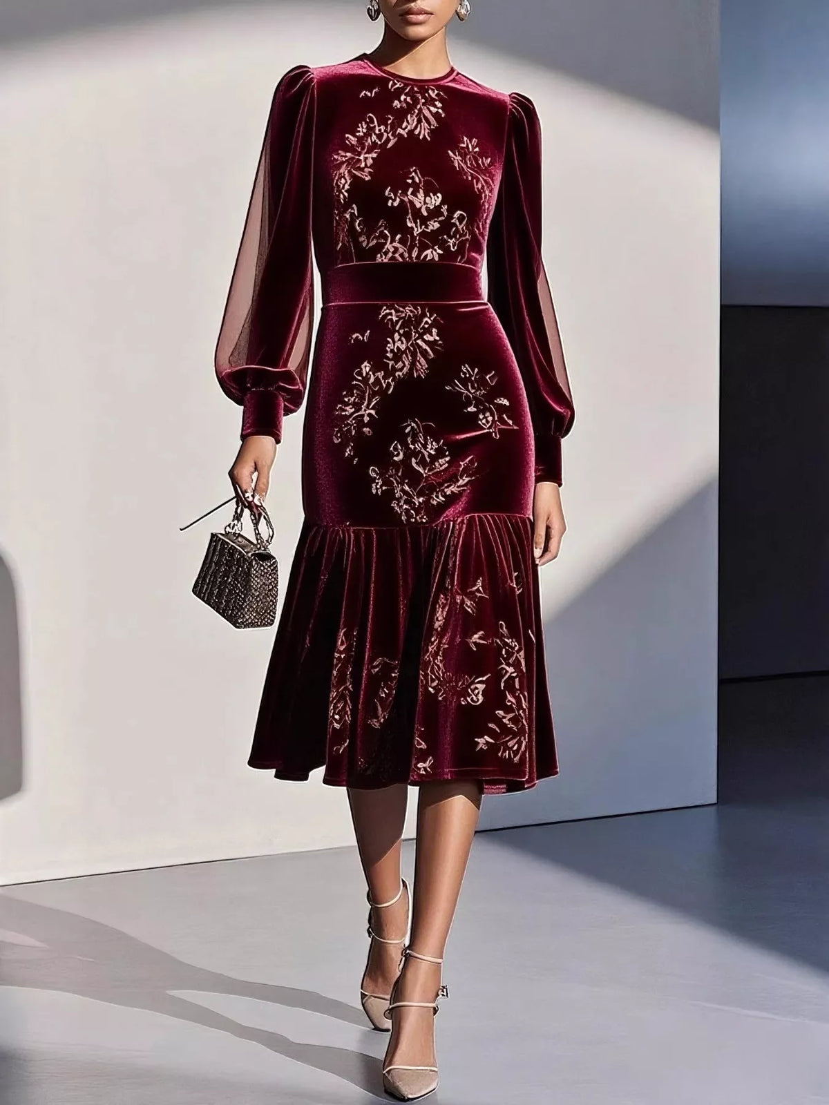 Hazel Blues® | Velvet Floral Lantern Sleeve Midi Dress