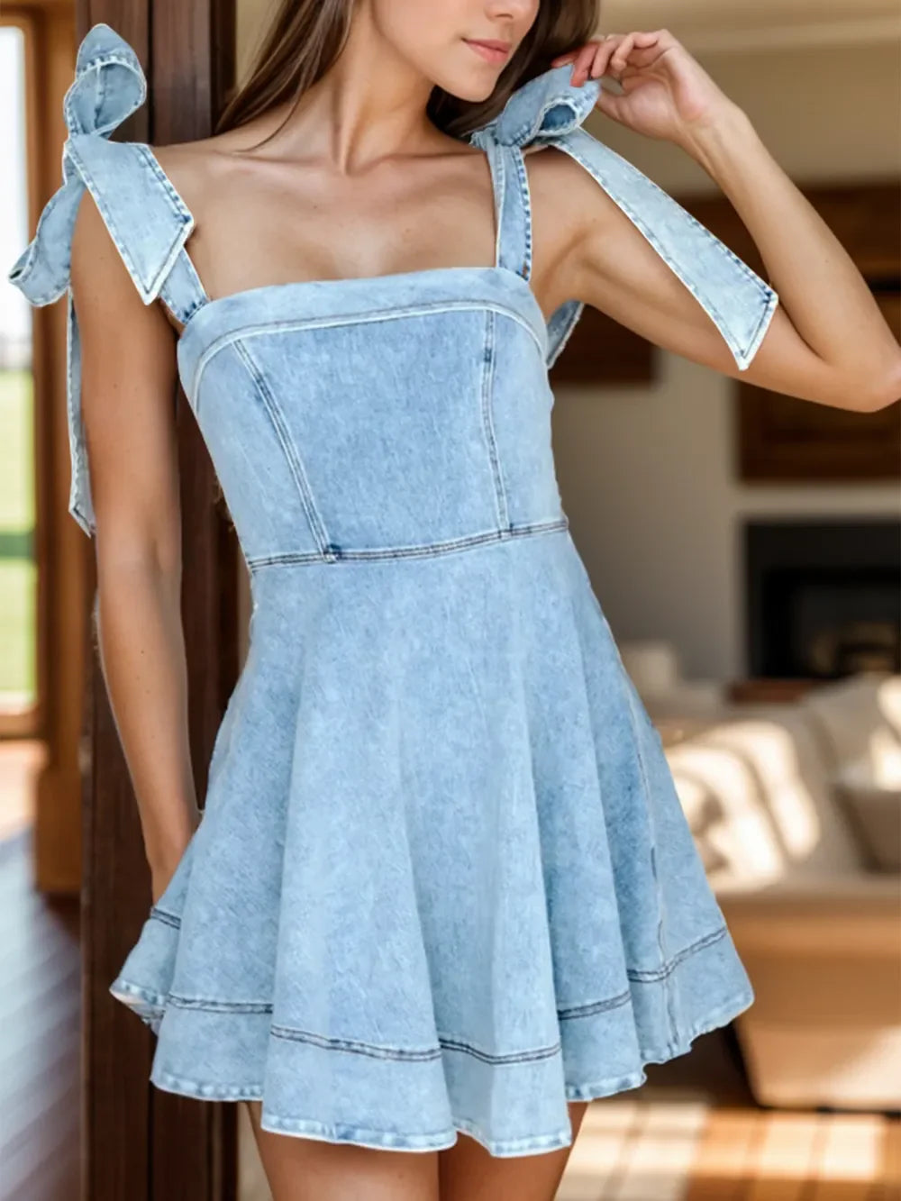 Hazel Blues® | Square Neck Tie Shoulder Denim Dress