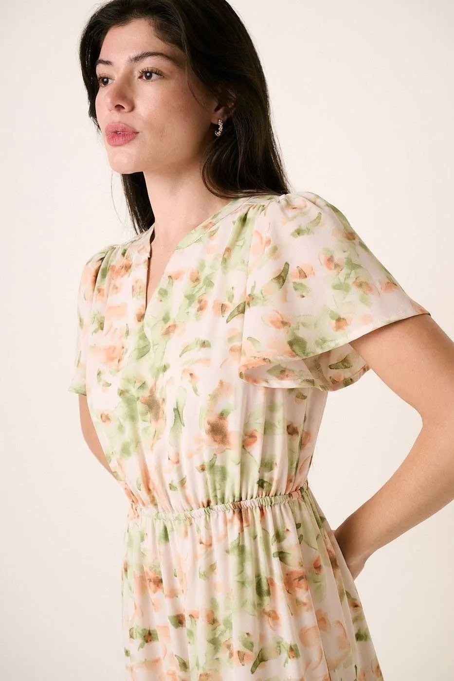 Hazel Blues® | Mittoshop Flower Print Flutter Sleeve V Slit Maxi Dress