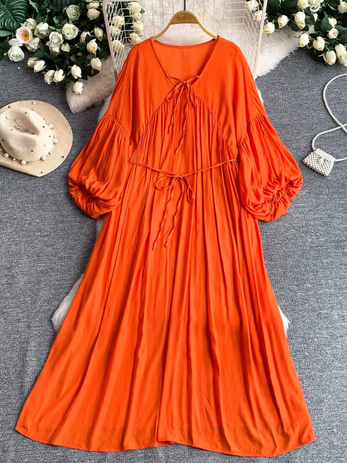 Hazel Blues® | Balloon Sleeve Tie-Waist Dress