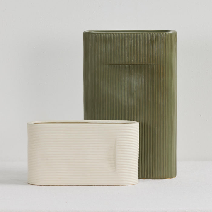 Linea Tall Vase - Green, tall ribbed green ceramic vase styled with a low white textured vase