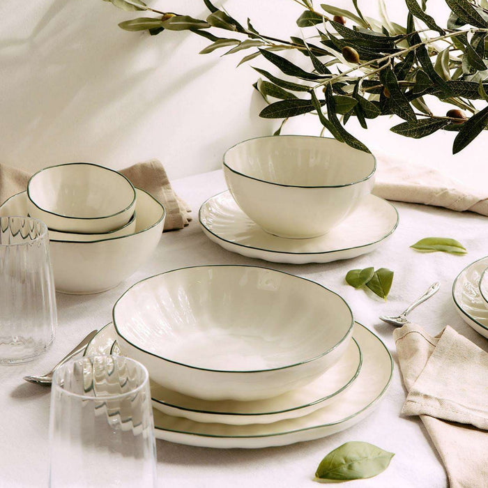 Lotus Side Plate - White/Green, white fluted dinnerware side plates with fine green rims, styled with matching bowls and glassware