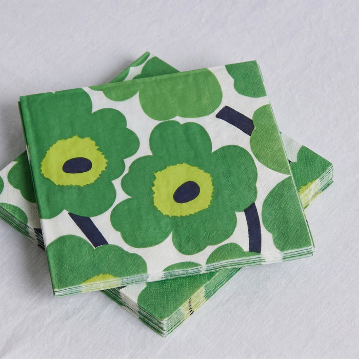 Marimekko Paper Napkin - 20pc - Green with vibrant Unikko poppies, yellow centres and navy stems on white ಹಿನ್ನೆ