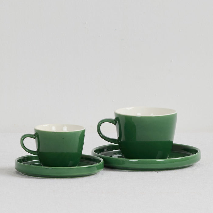 Mesa Coffee Cup & Saucer - Green, glossy green coffee cups with matching saucers in two sizes.