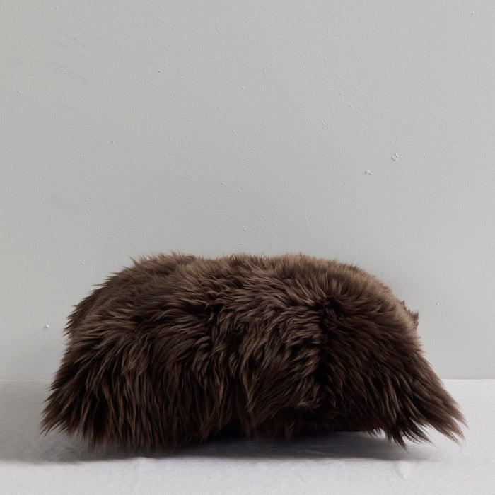 Sheepskin Cushion - 45x45cm - Chocolate, square New Zealand sheepskin cushion in rich chocolate brown with a soft long-pile texture