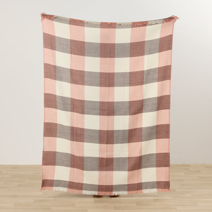 Tara Throw - Choco/Pink checked throw in chocolate, pink and cream with fringed edges.