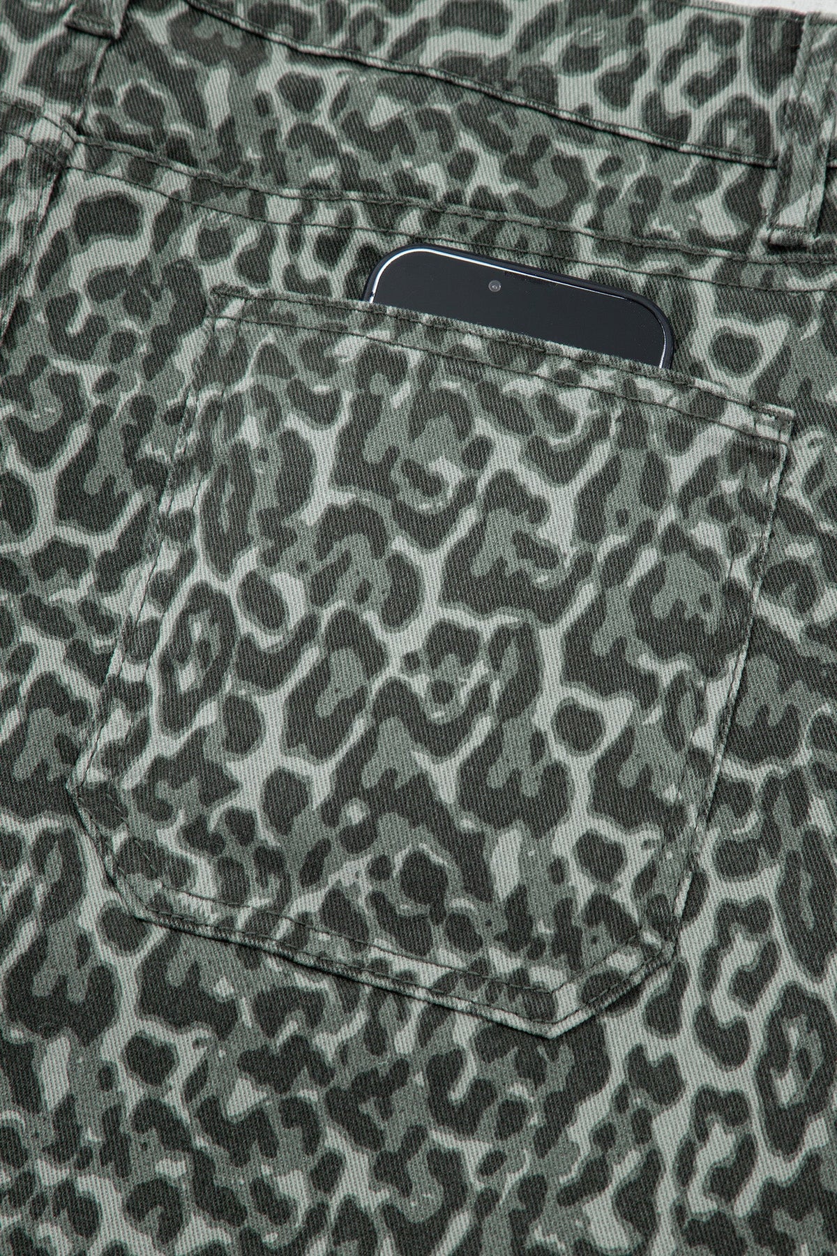 Hazel Blues® |  Gray Leopard Frayed Edge Wide Leg High Waist Jeans