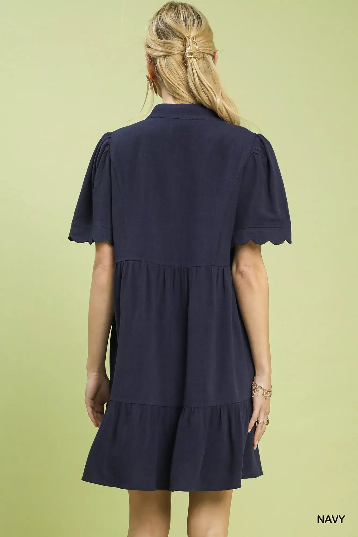 Hazel Blues® |  Umgee Linen Tiered Babydoll Dress with Scalloped Sleeves