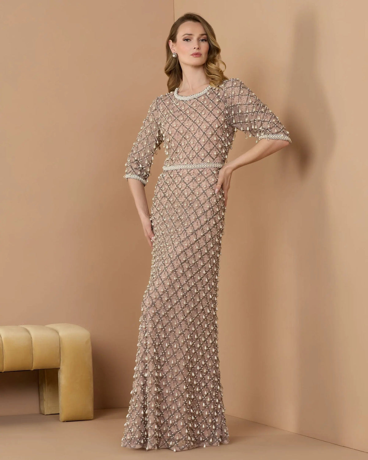 Pink Pearl Embellished 3/4 Sleeve Gown