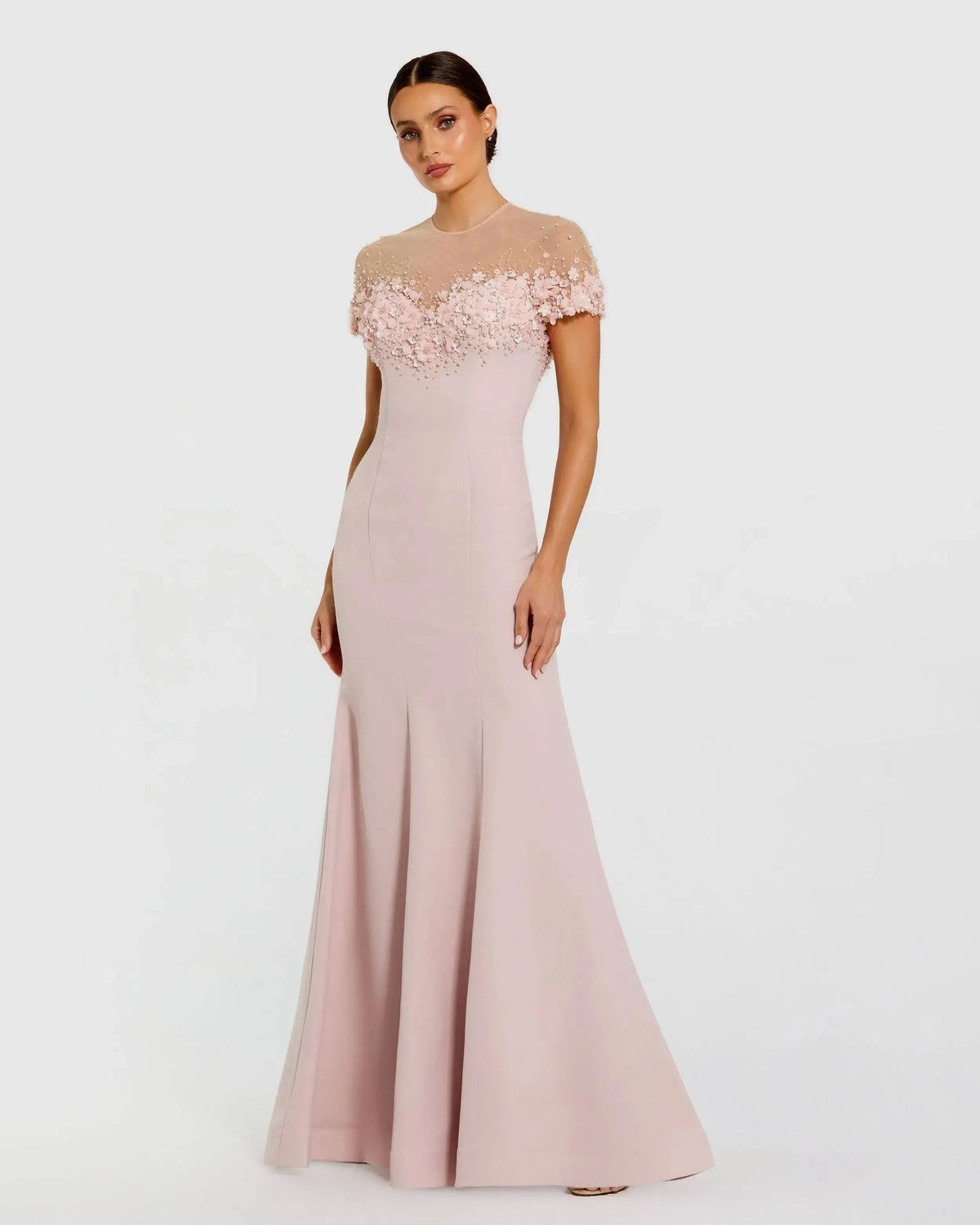 Pink Crepe Mermaid Gown With Beaded Illusion Neck