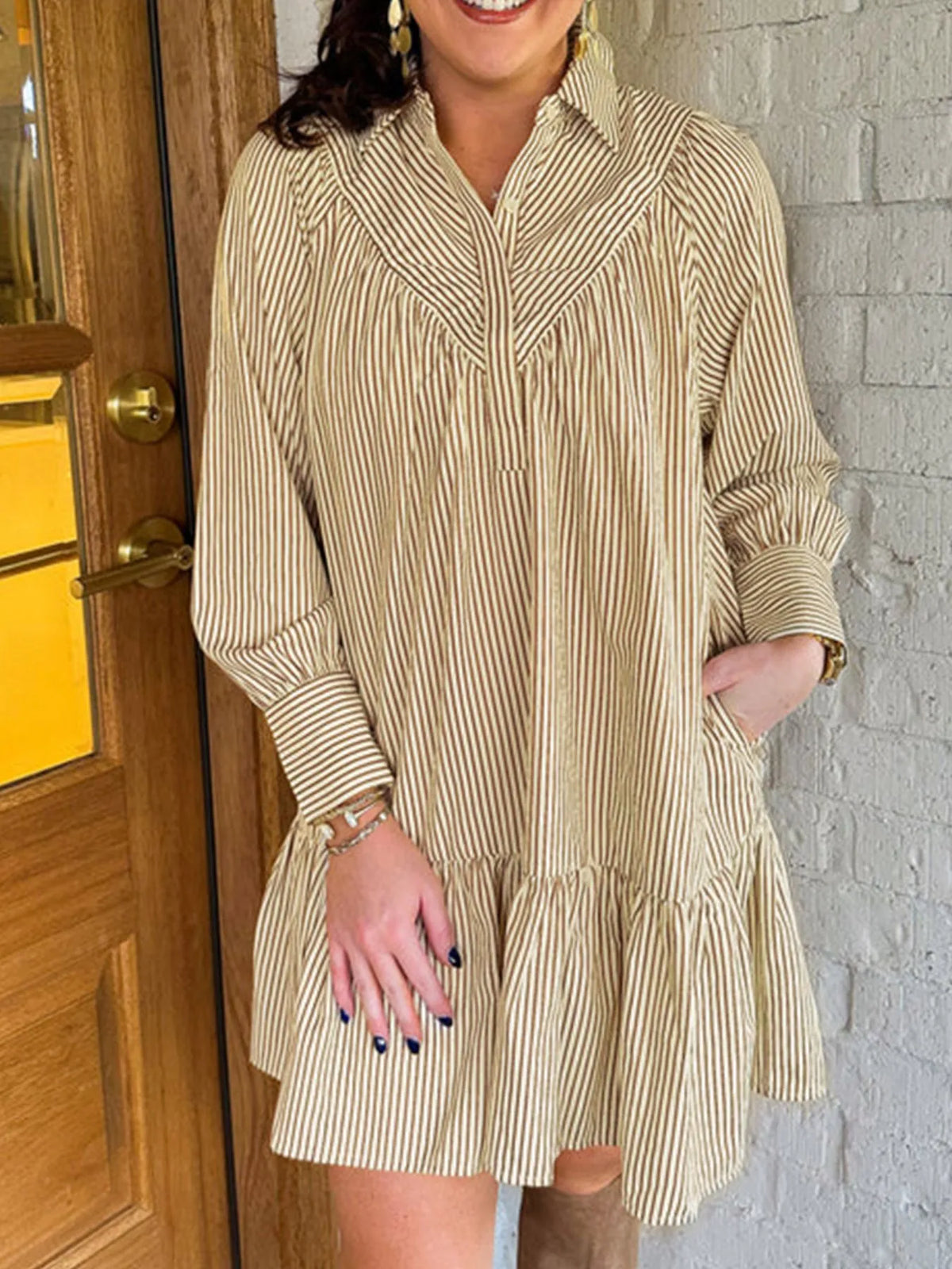 Hazel Blues® |  Stripe Collared Neck Cuffed Long Sleeve Drop Waist Mini Dress
