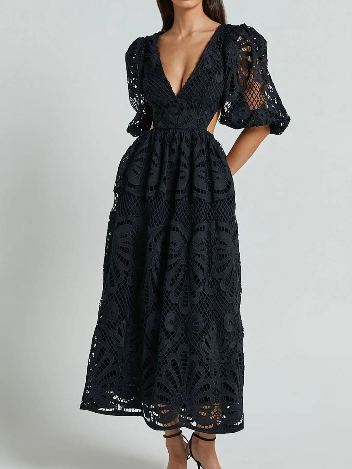 Hazel Blues® |  Cutout Back Lace Crochet V-Neck Dress