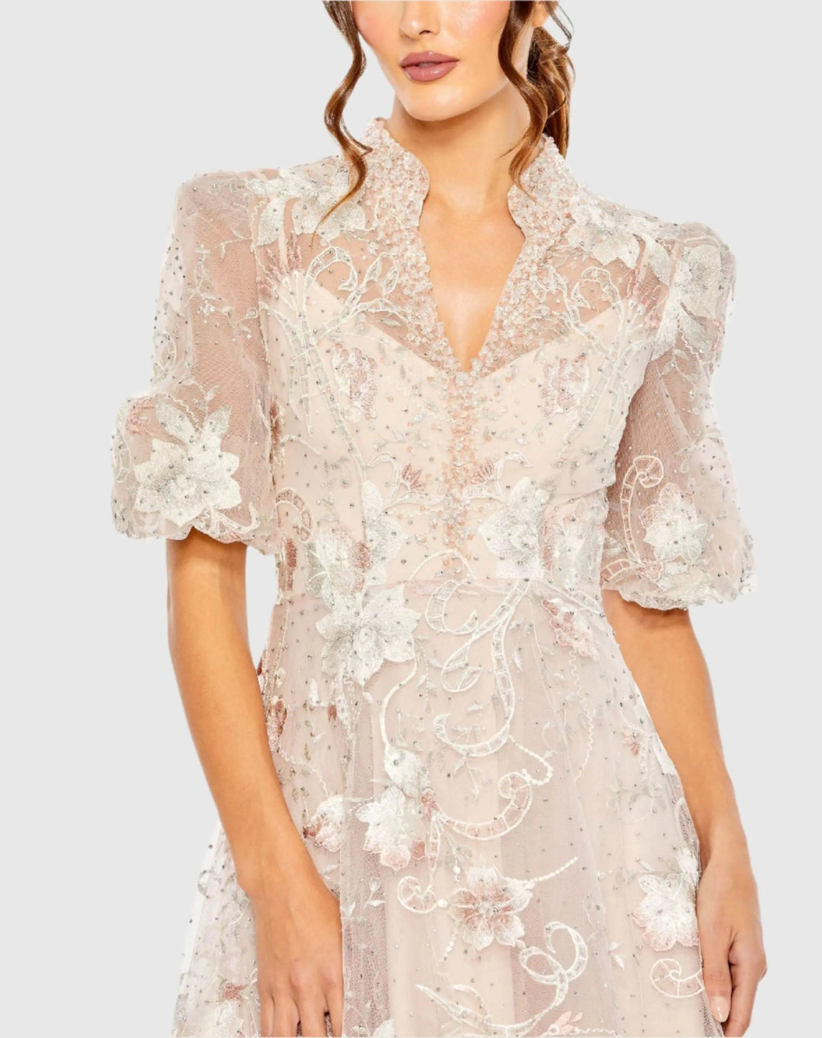 Pink Queen Anne Puff Sleeve Embroidered A-Line Gown