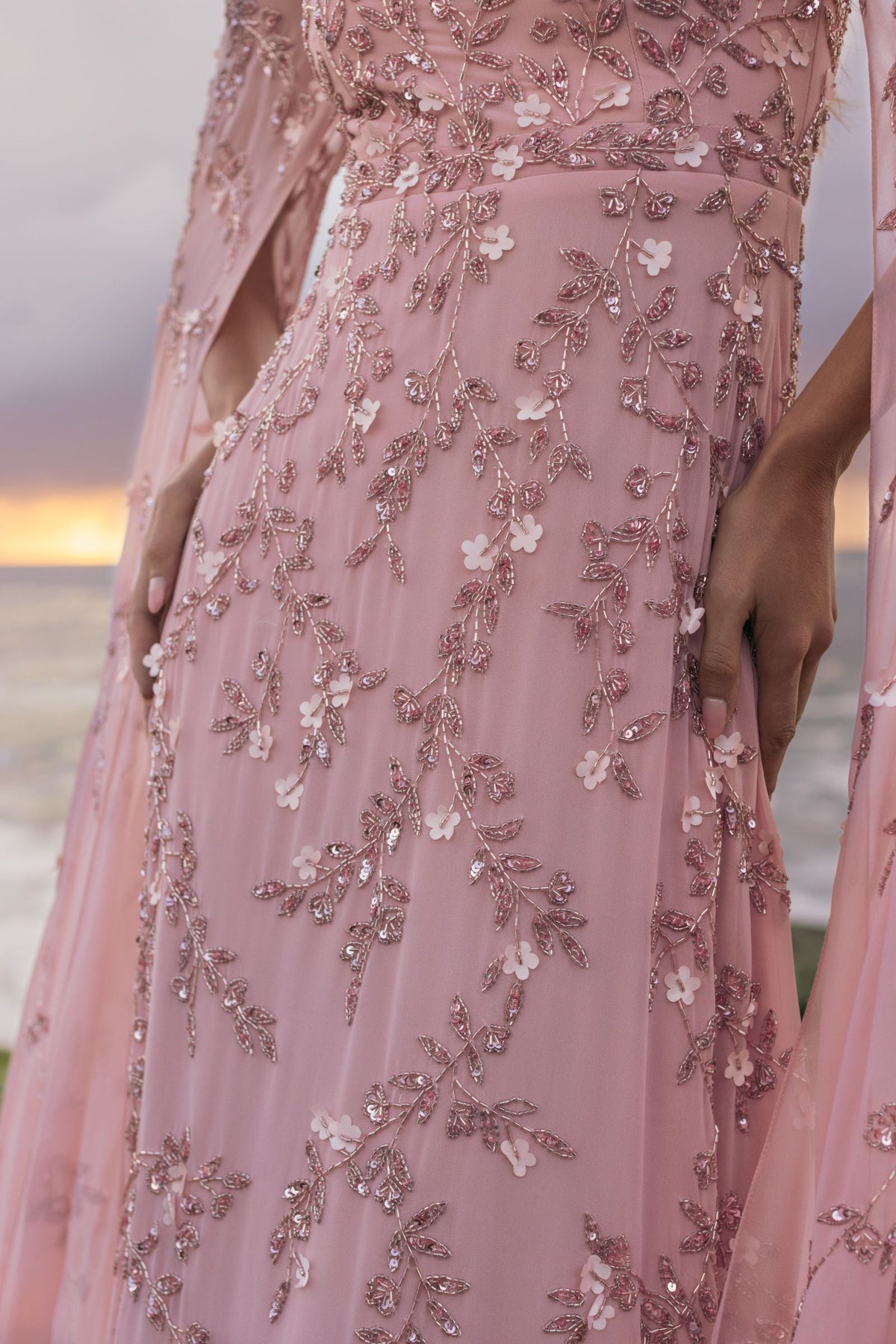 Pink Floral Embellished Cape Sleeve Gown