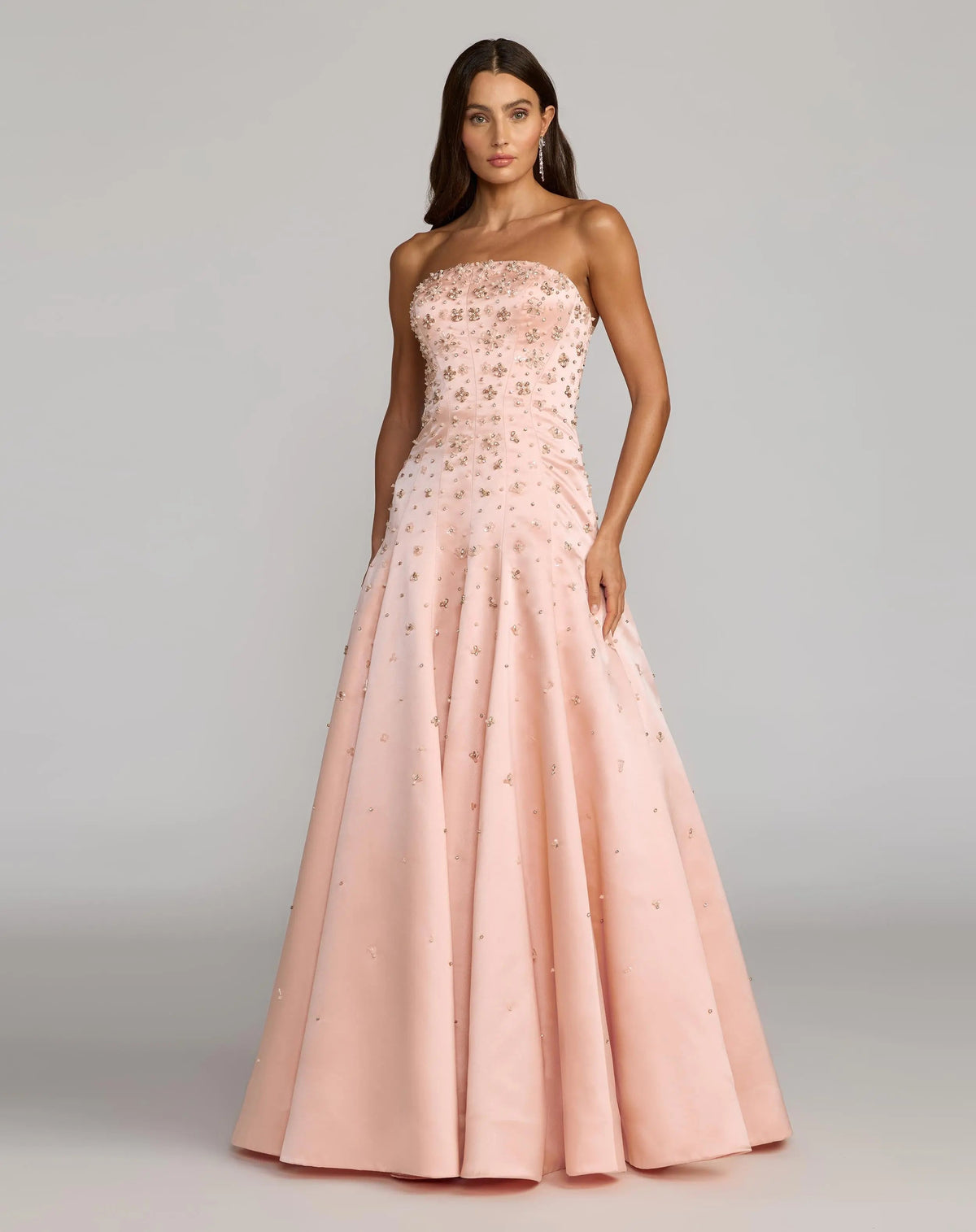 Pink Strapless Embellished Satin Ball Gown With Pockets