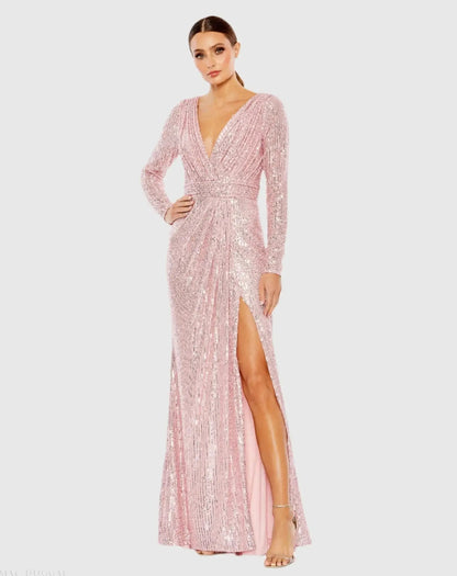 Pink Sequined Long Sleeve Gown