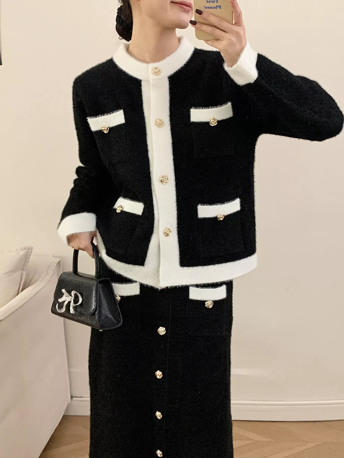 Hazel Blues® |  Contrast Trim Jacket and Skirts Sweater Set