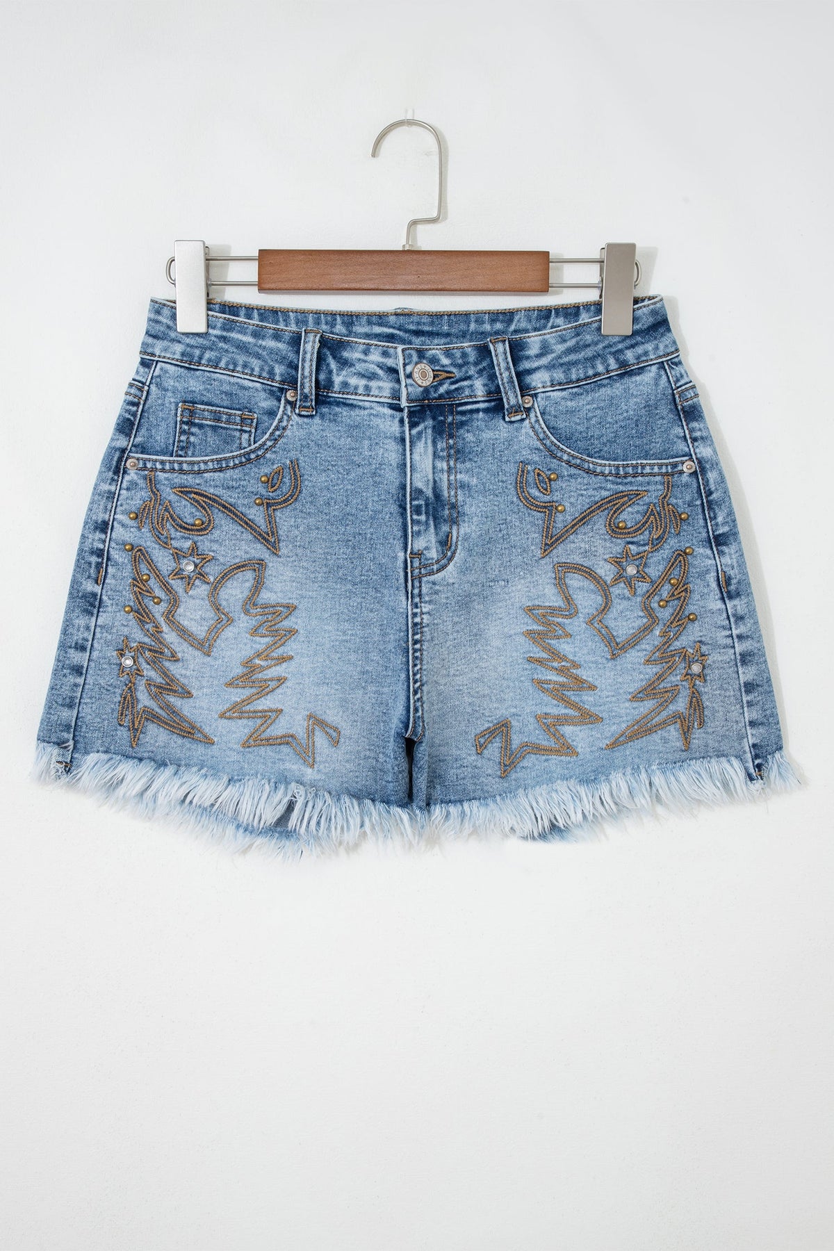 Hazel Blues® |  Dusk Blue Western Embroidery Stud Denim Shorts Summer Daily Wear