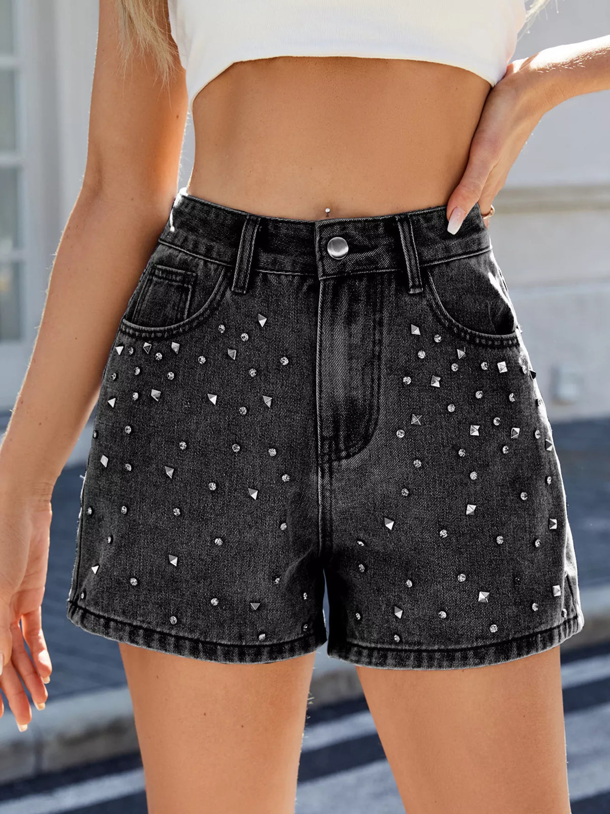 Hazel Blues® |  Studded High Waist Denim Shorts