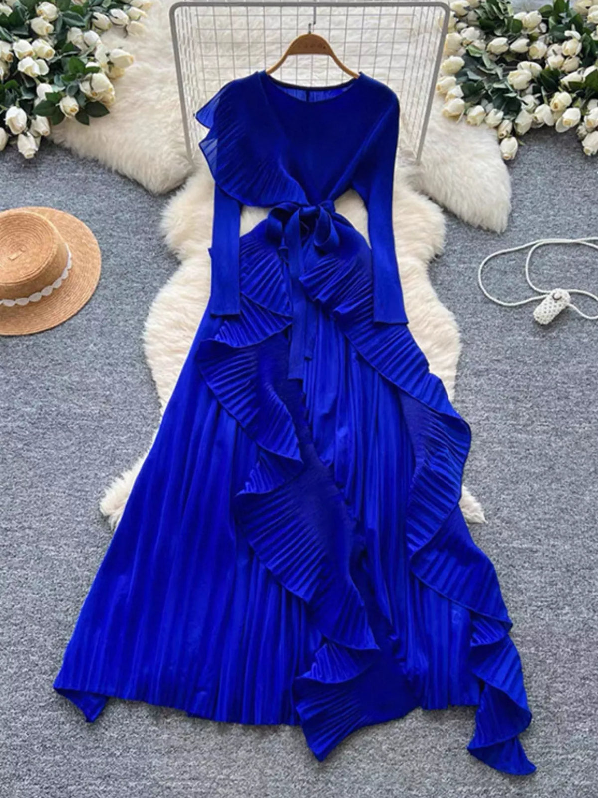 Hazel Blues® |  Ruffle Trim Pleated Midi Dress