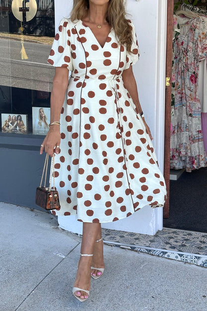 Hazel Blues® |  White Polka Dot Printed V Neck Short Sleeve Tie Waist Midi Dress