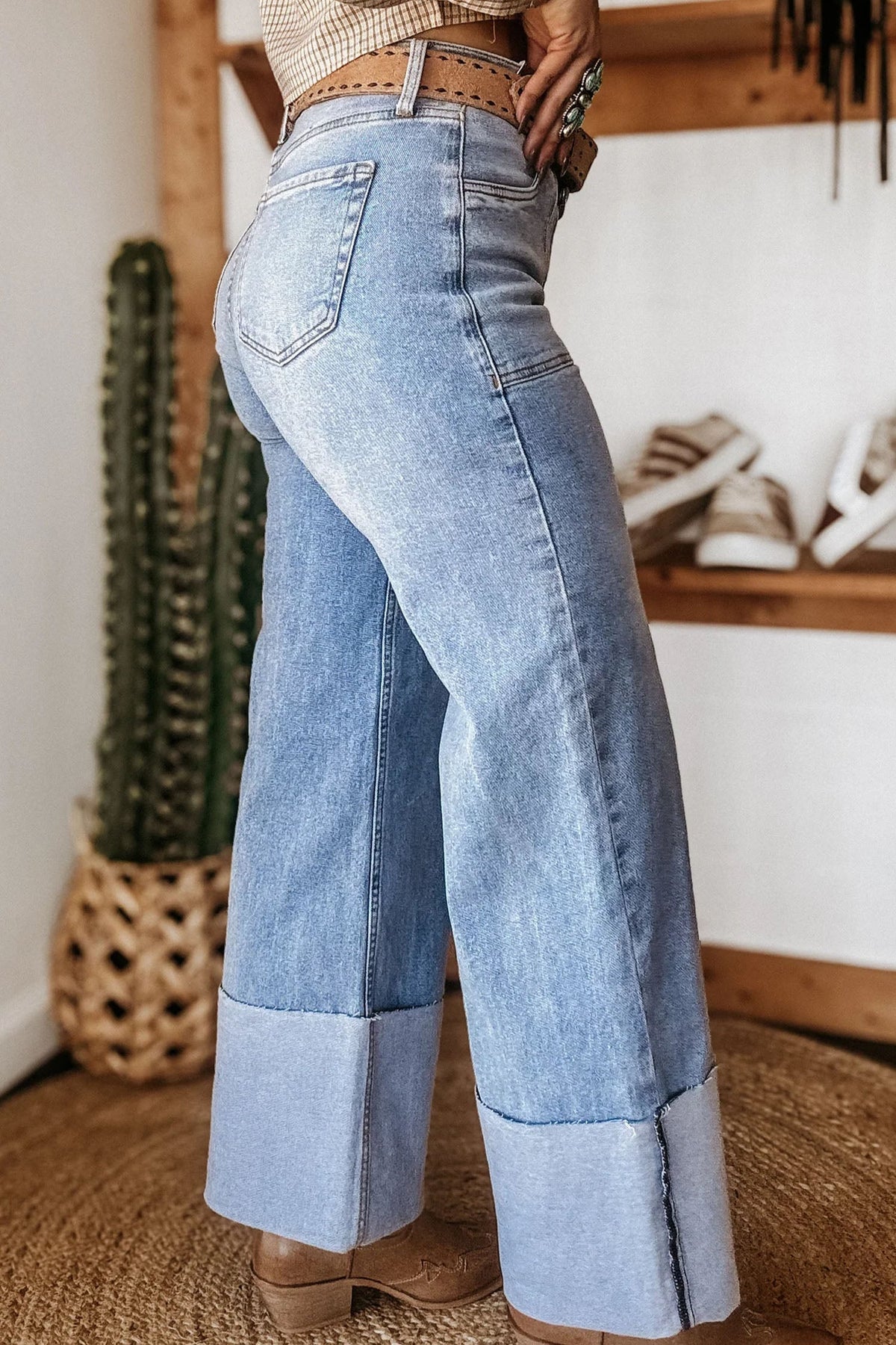 Hazel Blues® |  Beau Blue Turn-up Cuffs Womens Loose Jeans