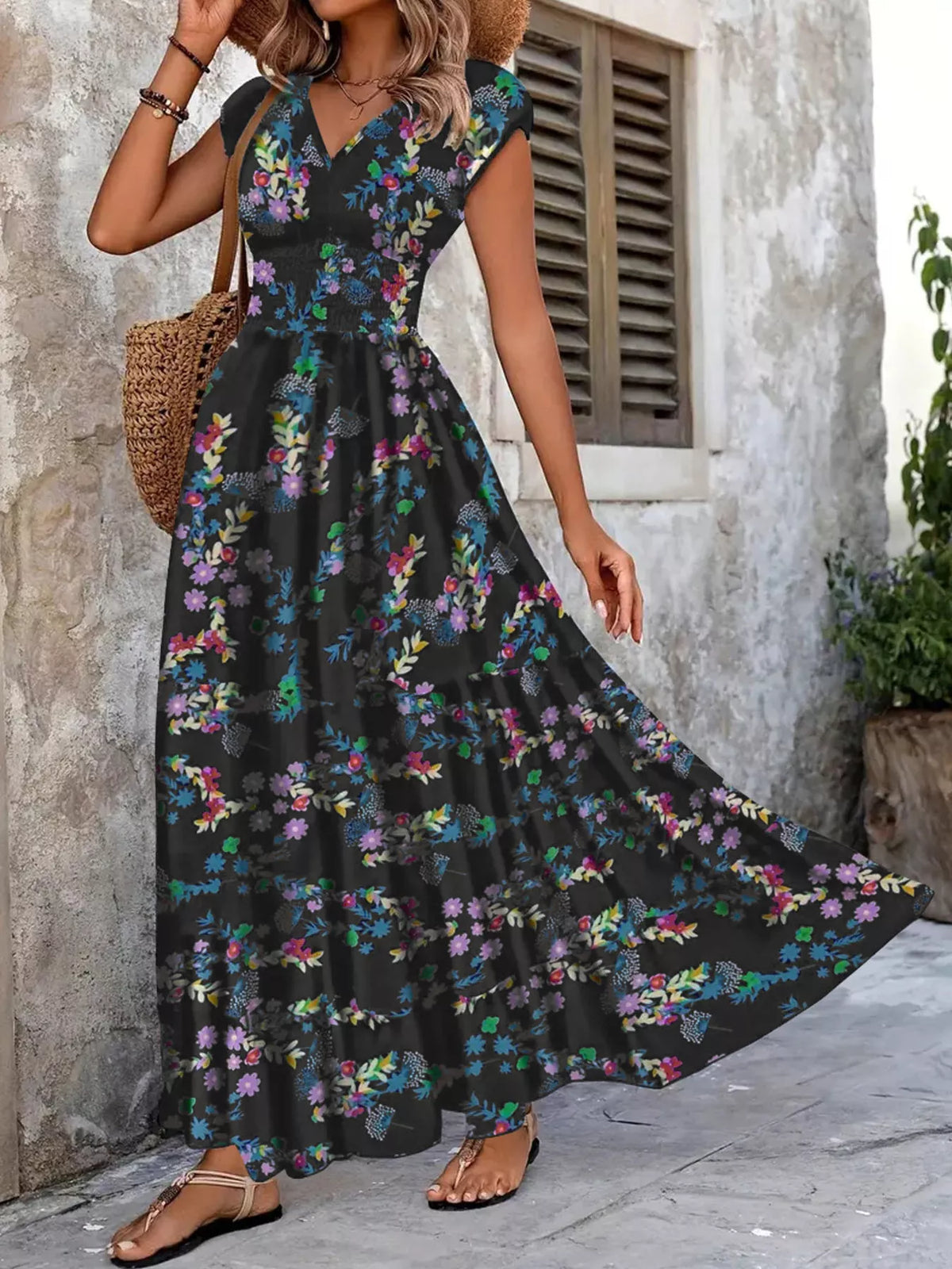 Hazel Blues® | Floral V-Neck Cap Sleeve Maxi Dress