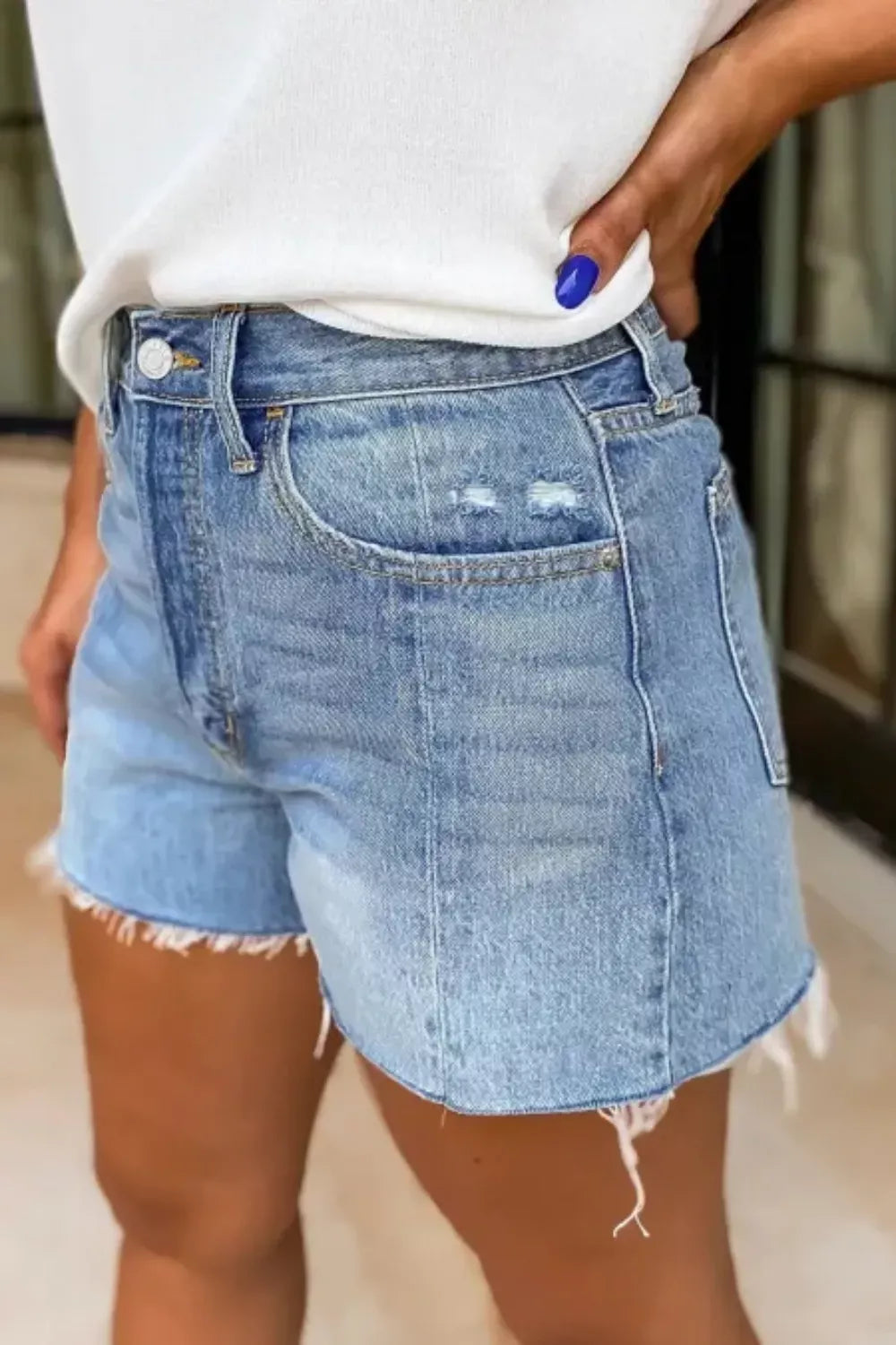 Hazel Blues® |  Frayed Hem High-Waisted Denim Shorts