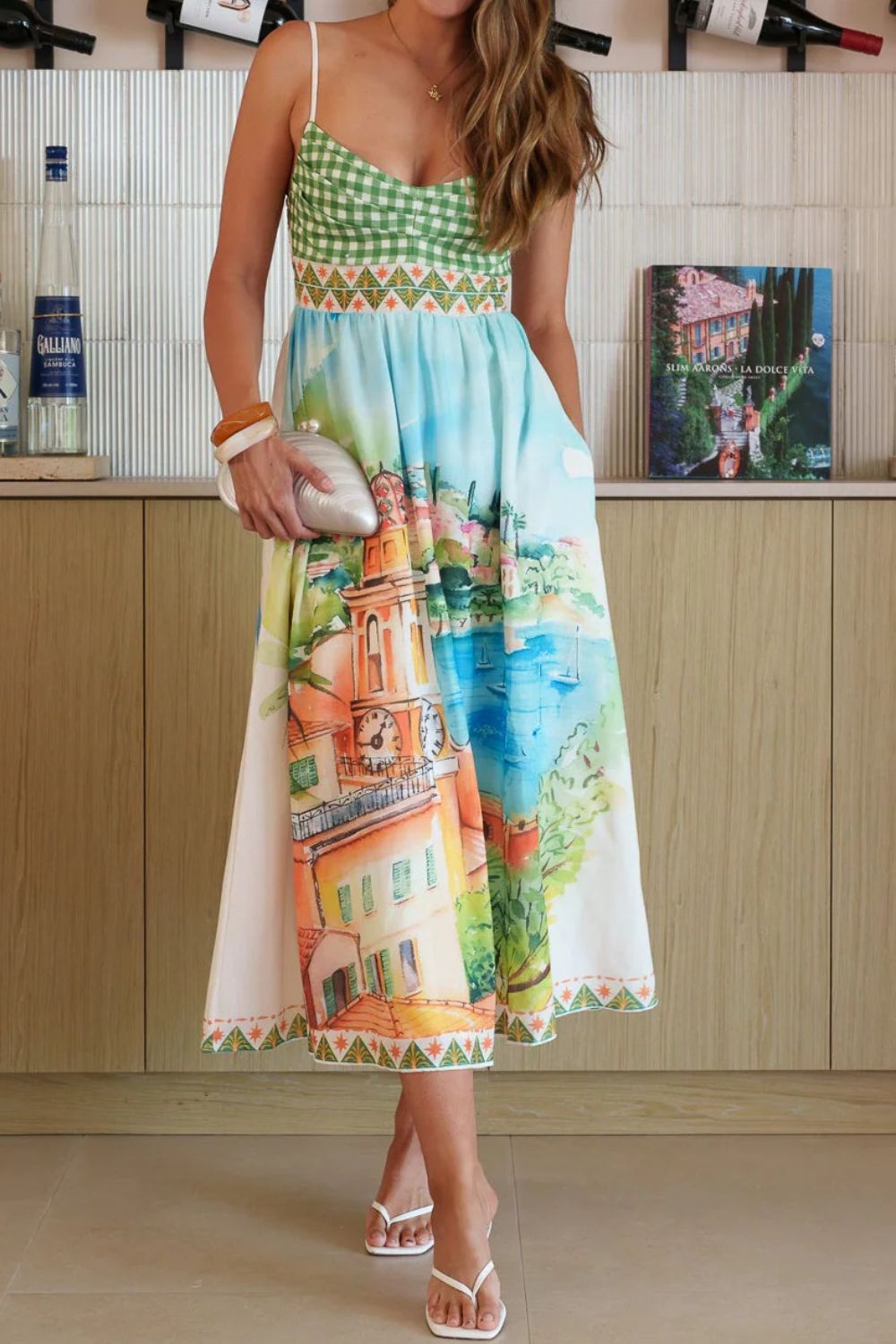 Hazel Blues® |  Gingham Bodice Scenic Print Midi Dress