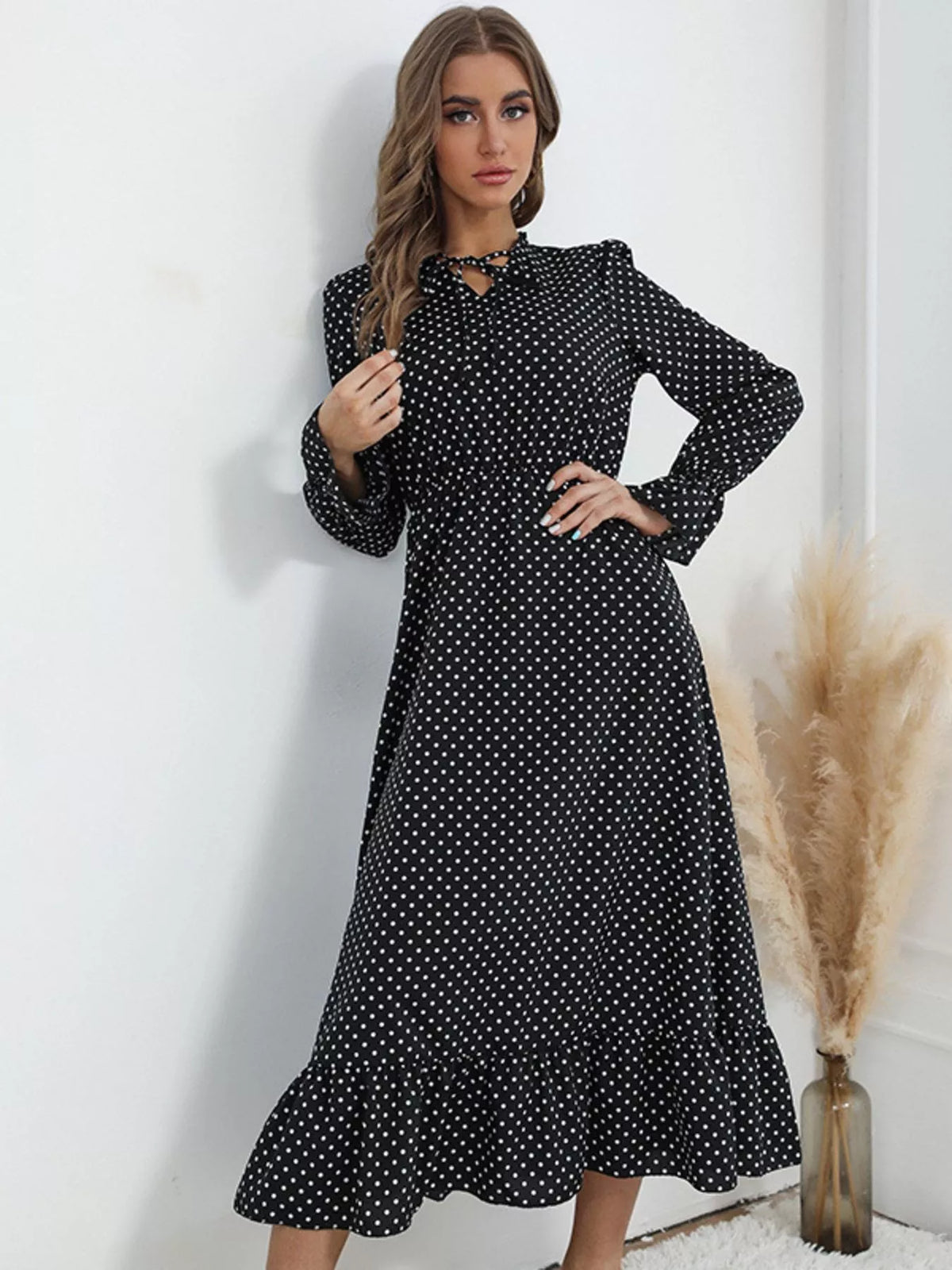 Hazel Blues® |  Polka Dot Ruffle Hem Midi Dress