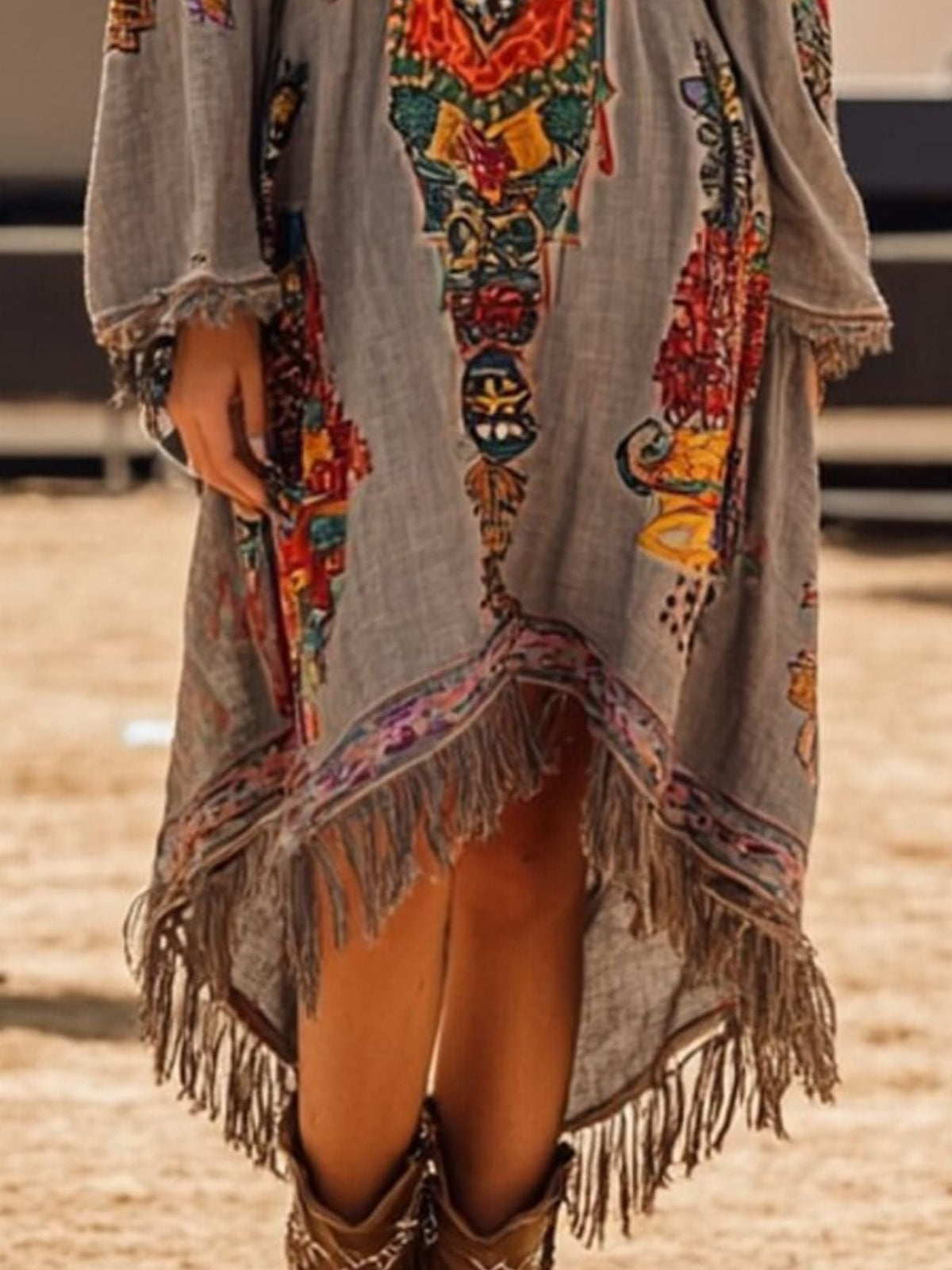 Hazel Blues® |  Fringe Hem Notched Long Sleeve Dress