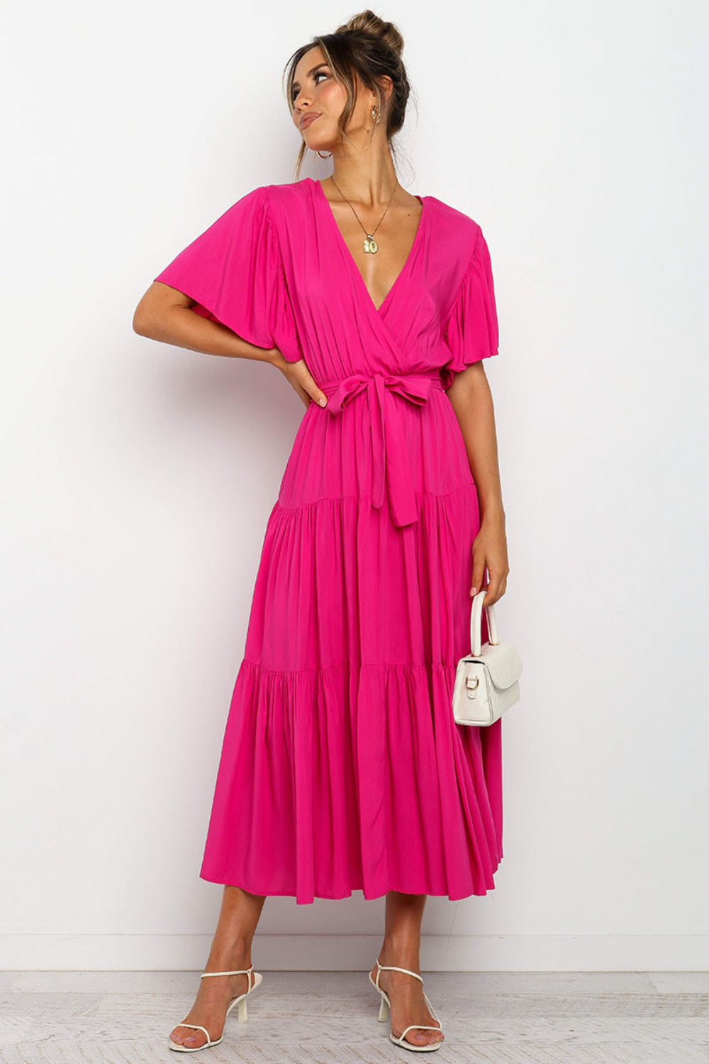 Hazel Blues® |  Tied Tiered Short Sleeve Midi Dress