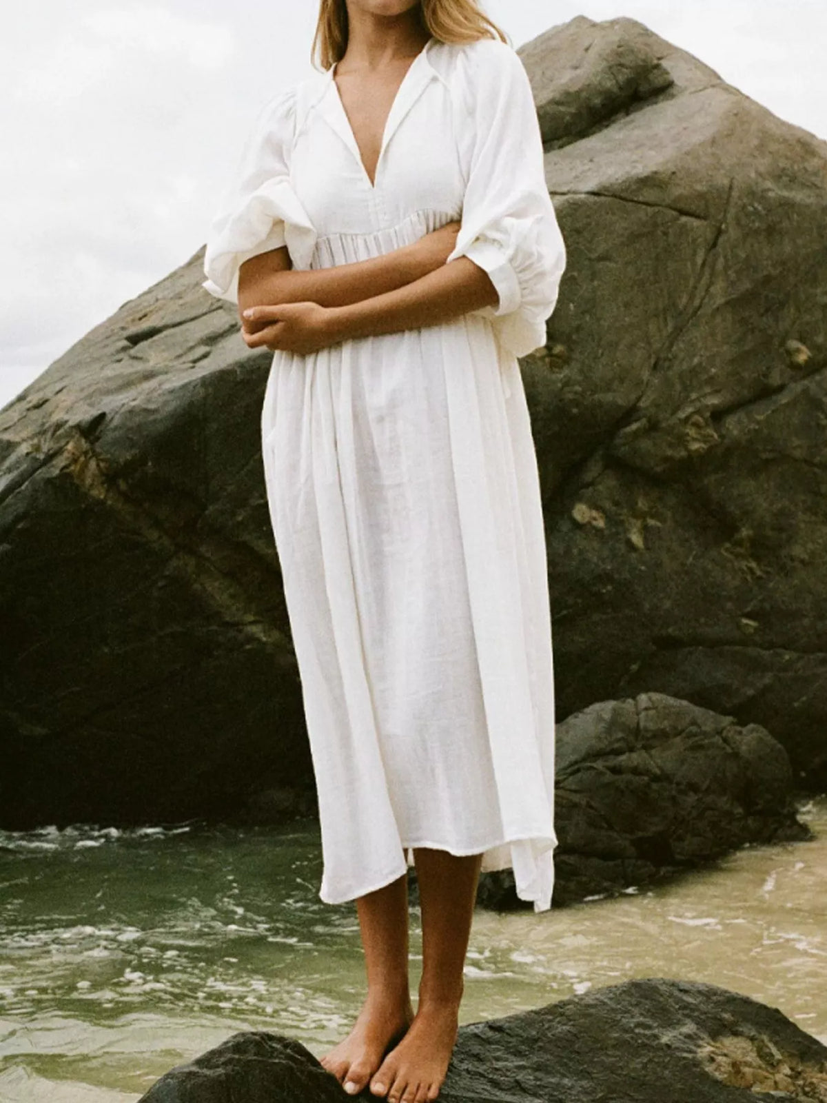 Hazel Blues® |  Tie Neck 3/4 Sleeve Midi Dress