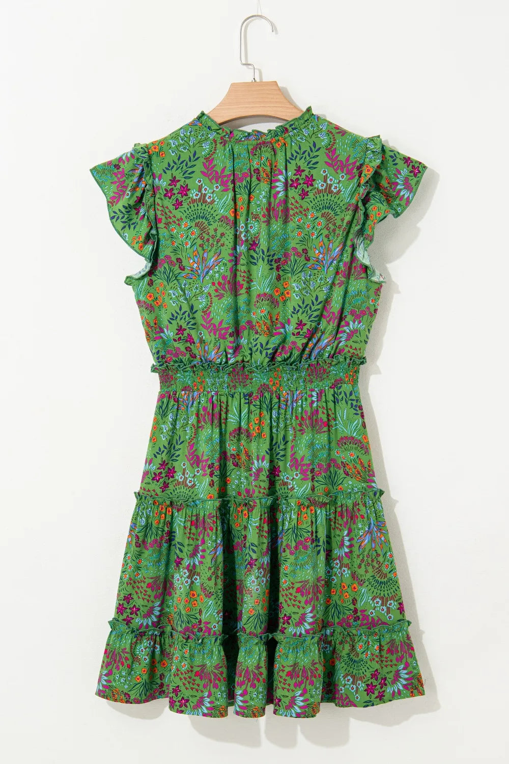 Hazel Blues® |  Floral Tie Split Neck Frilly Ruffle Trim Tiered Short Dress