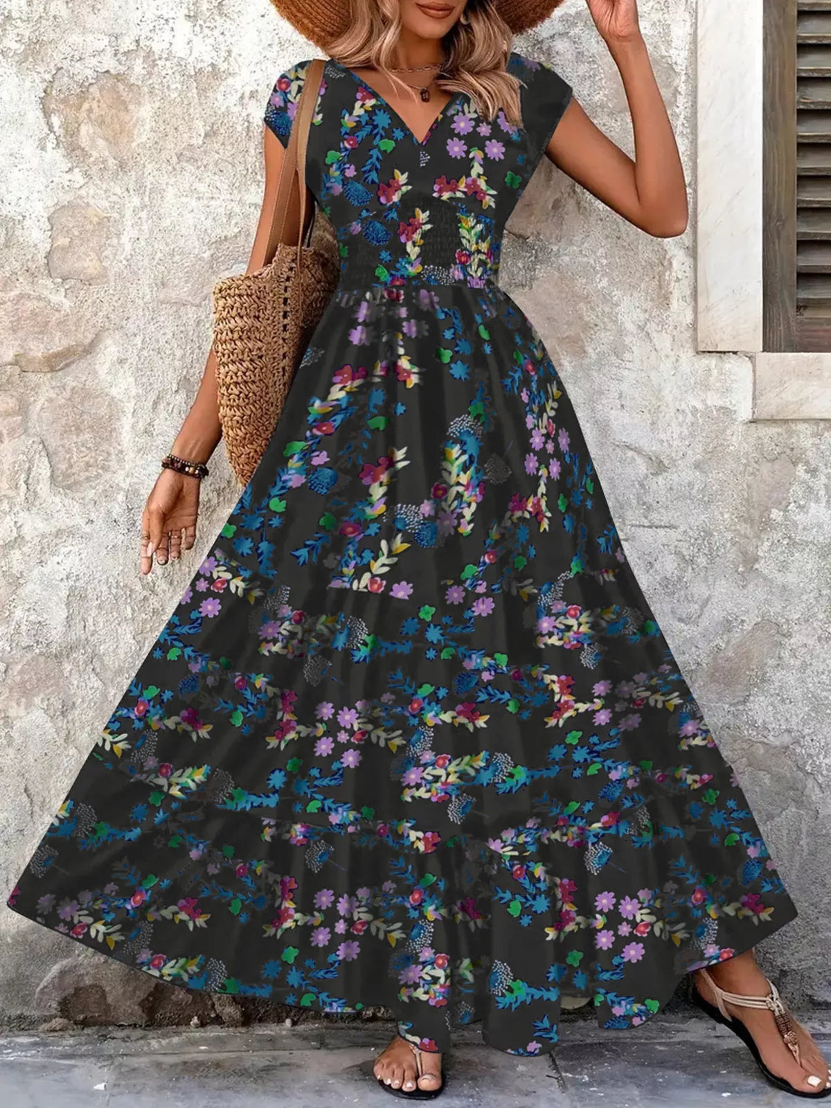 Hazel Blues® | Floral V-Neck Cap Sleeve Maxi Dress