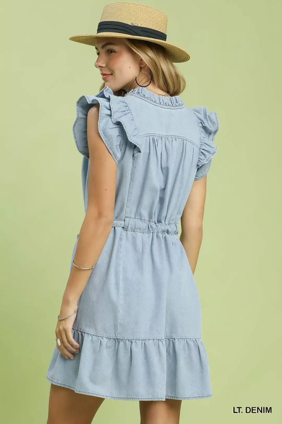 Hazel Blues® |  Umgee Chambray Ruffled Denim Dress with Side Pockets