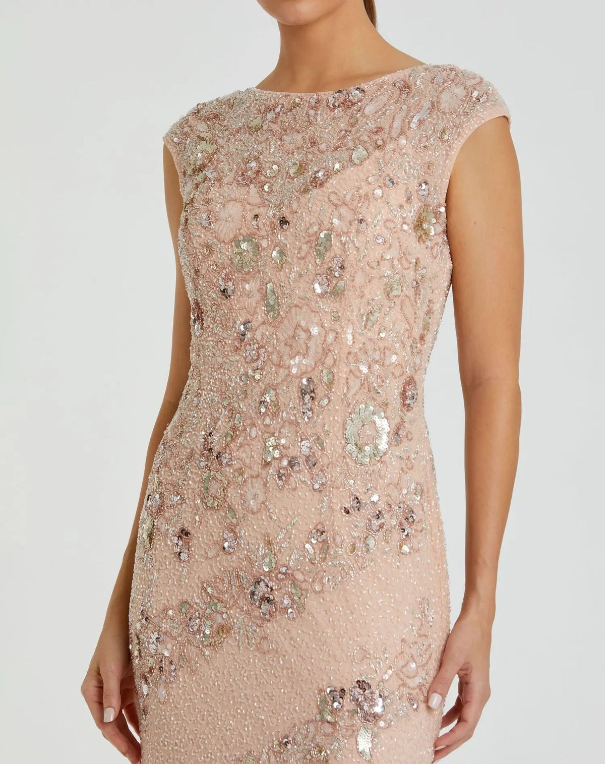 Pink Floral Embellished Cap Sleeve Column Gown