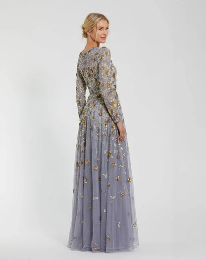 Platinum Embellished High Neck Long Sleeve A Line Gown