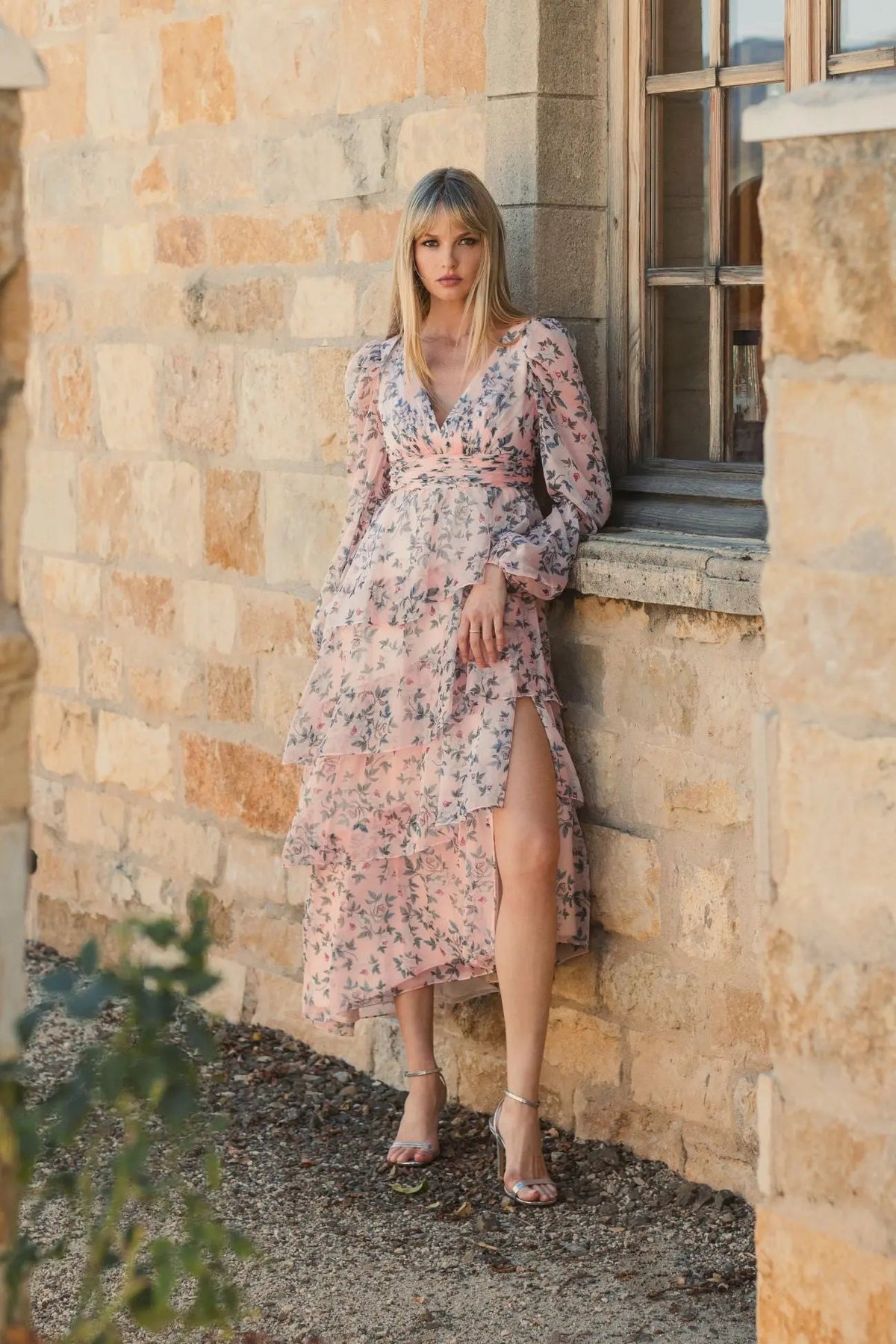 Pink Puff Sleeve Floral Printed Dress