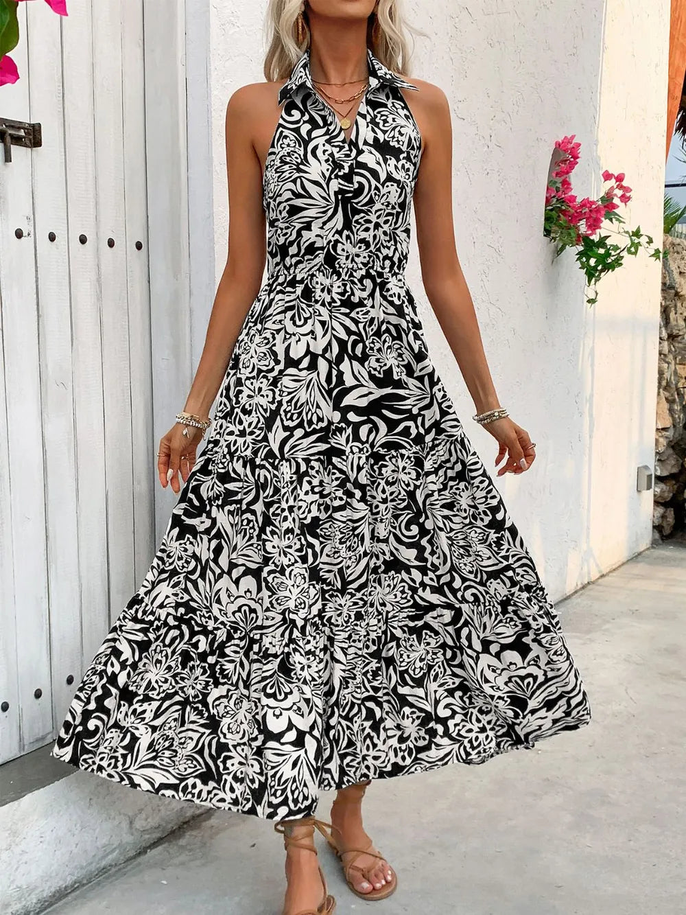 Hazel Blues® |  Perfee Backless Smocked Printed Sleeveless Midi Dress