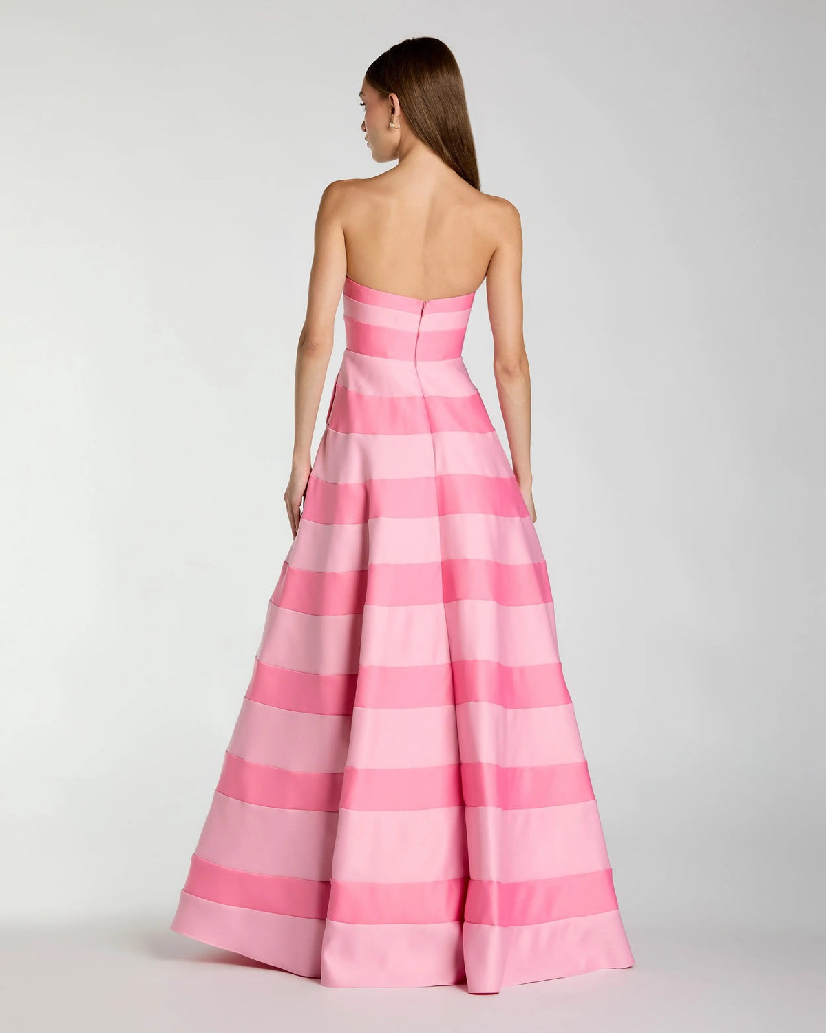 Pink Striped Strapless Satin Ballgown With Pockets