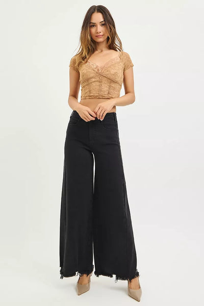 Hazel Blues® |  RISEN Tummy Control High Rise Palazzo Leg Frayed Hem Jeans