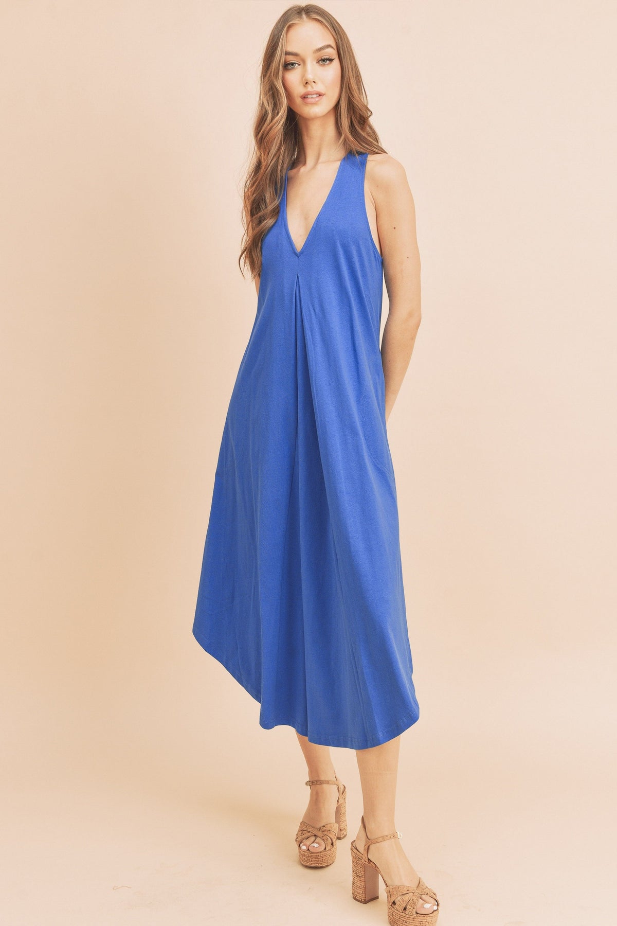 Hazel Blues® |  Aemi + Co Front Pleat Detail V-Neck Sleeveless Midi Dress