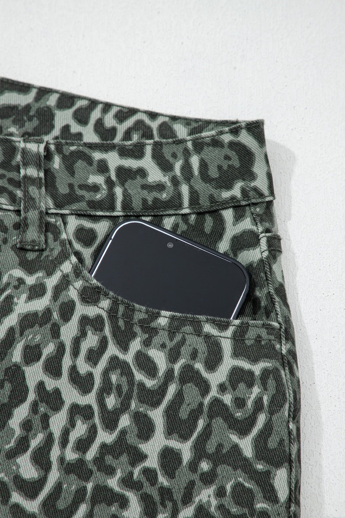 Hazel Blues® |  Gray Leopard Frayed Edge Wide Leg High Waist Jeans