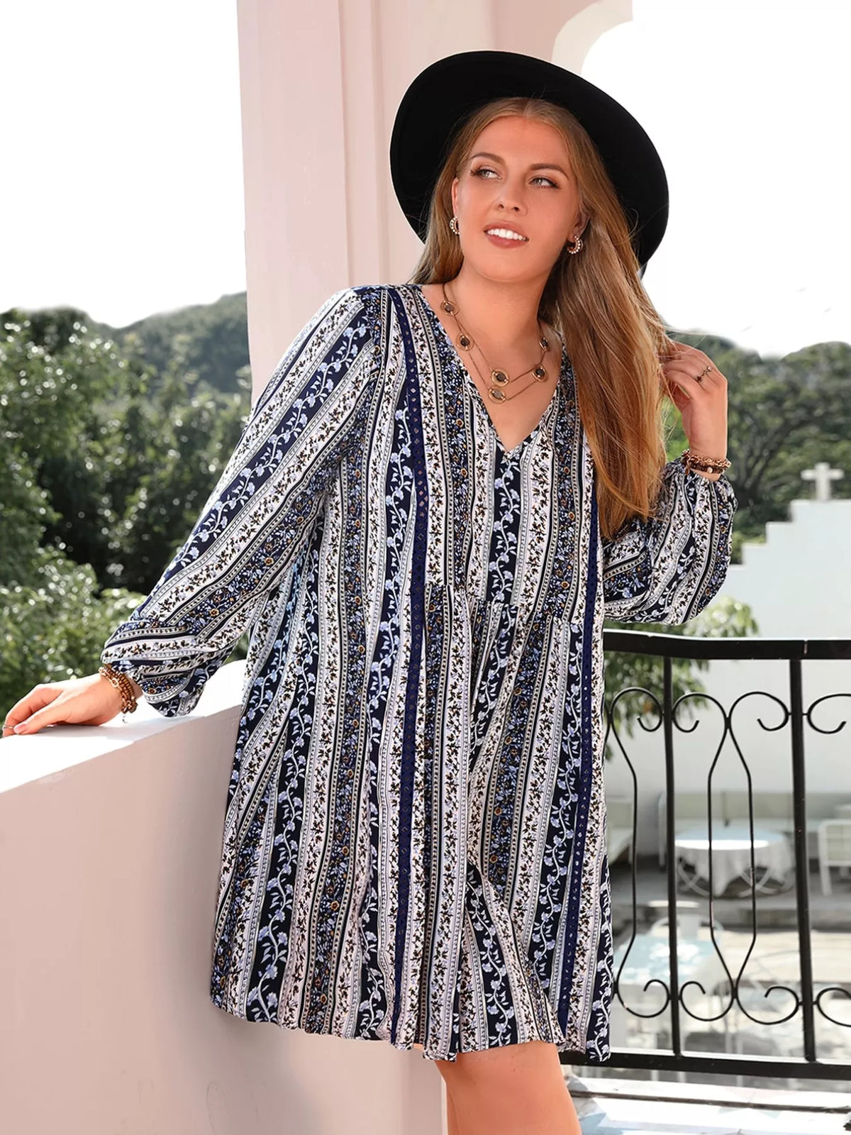 Hazel Blues® | Boho Print V-Neck Long Sleeve Mini Dress