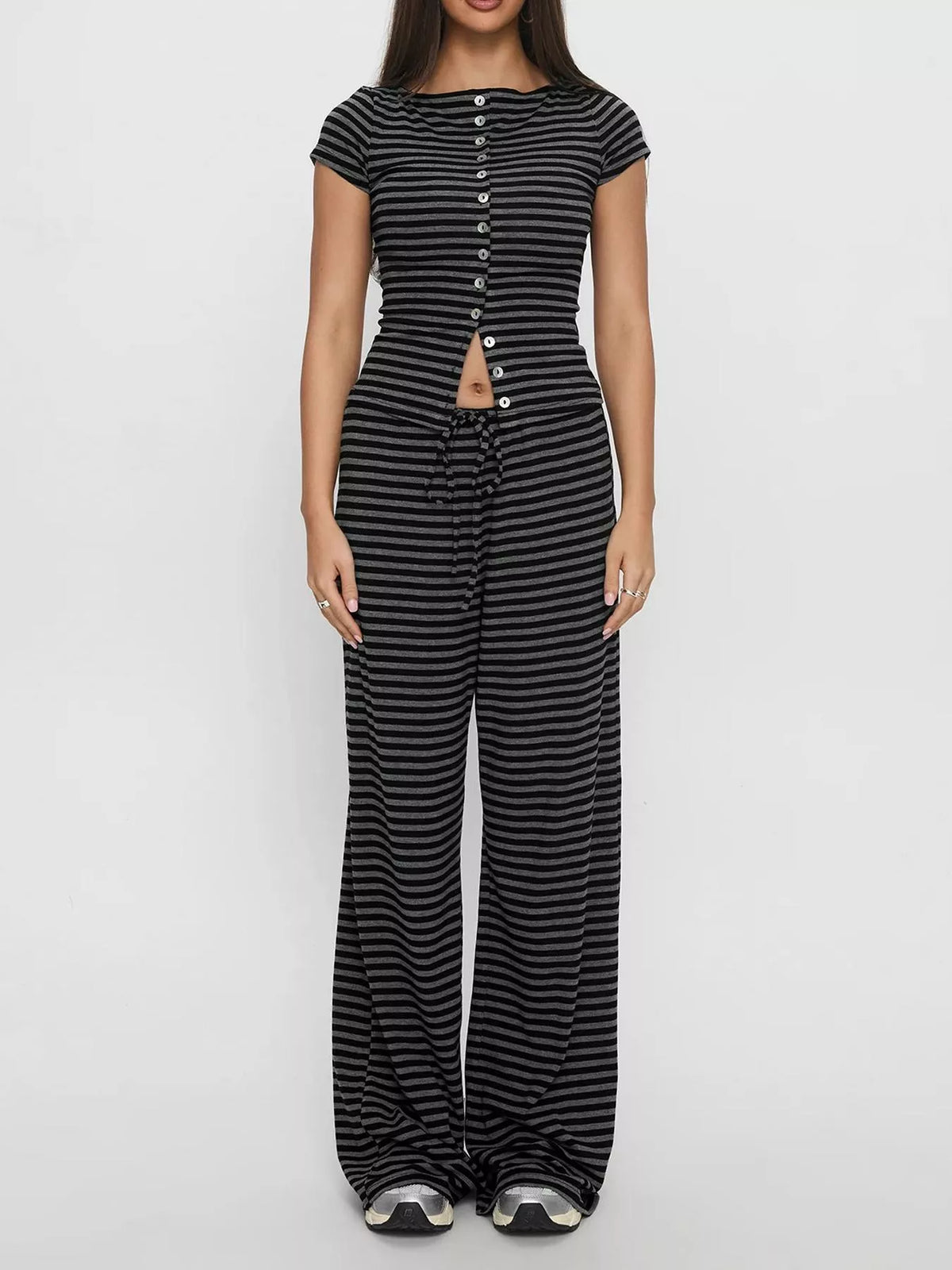 Hazel Blues® |  Striped Button-Down Top and Wide-Leg Pants Set