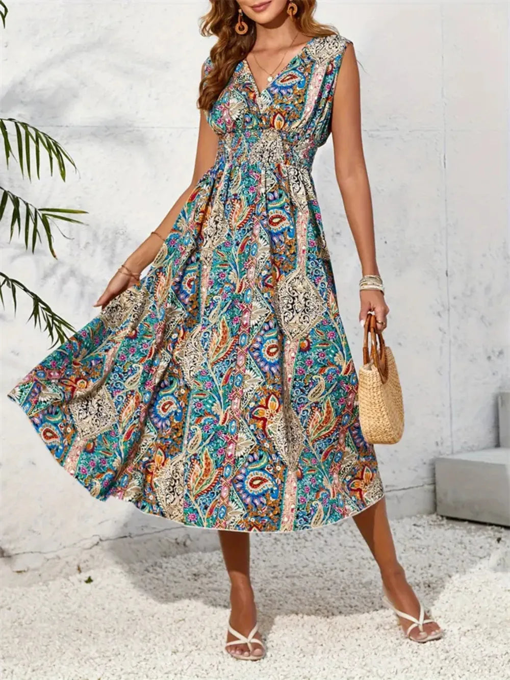 Hazel Blues® |  Smocked Printed Surplice Sleeveless Midi Dress