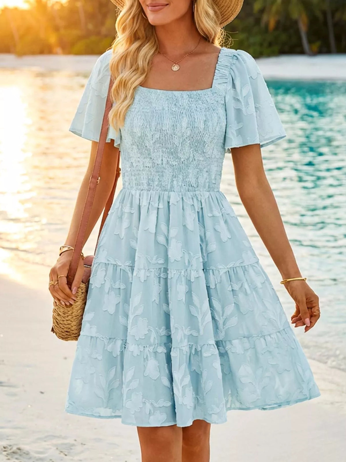 Hazel Blues® |  Smocked Square Neck Tiered Mini Dress